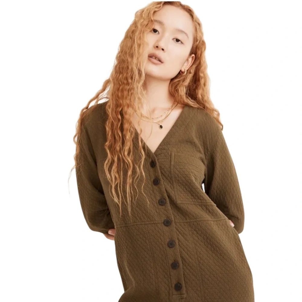 Madewell Olive Green Diamond Jacquard Button-Up Coverall Jumpsuit
